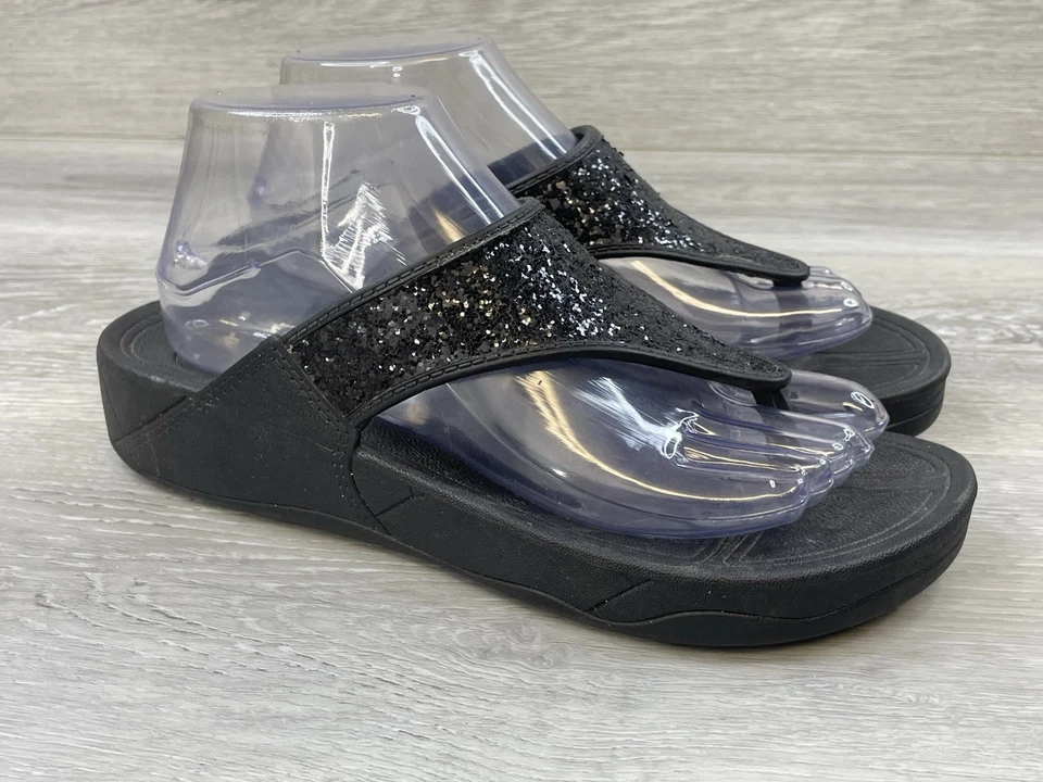 Sandalia Ortopédica Para Mujer US 9 Negra Brillante Cuña Cómoda Tanga Zapato Foto 1 de 4