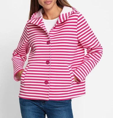 Mode von Heine Damen Sweatjacke V-Ausschnitt Langarm Kapuze pink ecru Gr. 44 NEU - Bild 1 von 3