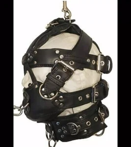 Ingranaggio BDSM in pelle cappuccio viso fetish schiavo estremo bondage museruola bavaglio con anelli - Foto 1 di 1
