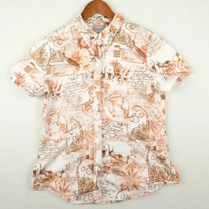 Chicos Womens Button Up Shirt 0 White Red Short Sleeve Travel All Over Print - Picture 1 of 9