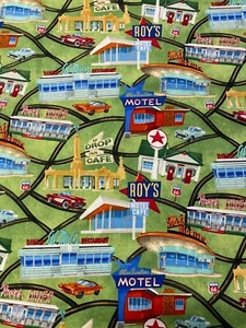 TRAVEL VINTAGE ROUTE 66 ROY’S MOTEL CAFE VINTAGE CARS COTTON FABRIC FQ - Picture 1 of 3