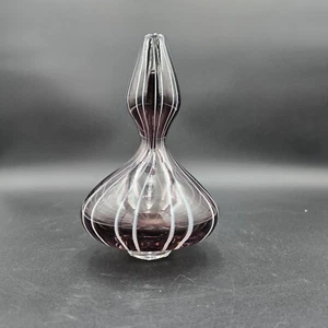 Vintage Art Glass Vase Purple Striped Hand Blown Waisted Bud Vase 8.5 inch tall - Picture 1 of 17
