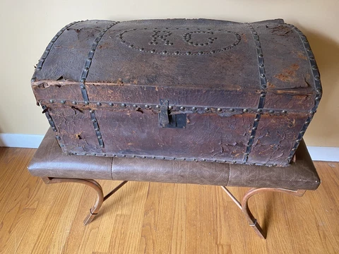 19Th C Antique Hide Covered Stagecoach Trunk Carriage Box Hand Wrought Handles Cover