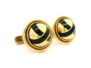 Mavito Men's 18k Yellow Gold Black Enamel Work Domed Round Circle Cufflinks - Picture 1 of 7