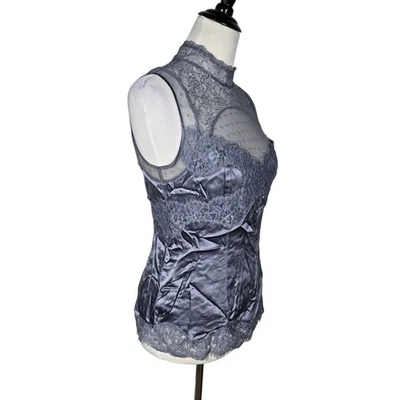 bebe Medium Lace Trimmed Blue Silk Blend Top - Image 1 of 4