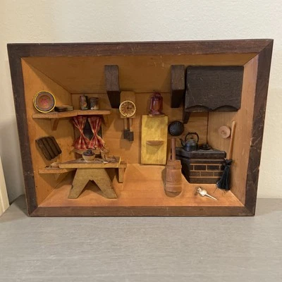 Vintage European Hand Made 3 D Wooden Art Diorama / Shadow Box of Kitchen Mouse - Image 1 of 4