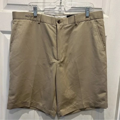 Greg Norman Mens Khaki Golf Shorts Sz 38 Polyester Flat Front Shark Logo - Image 1 of 4