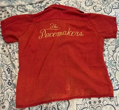 Vintage 70s Chainstitch Red/Orange Bowling Shirt Abt Sz Large THIN Single Stitch - Image 1 of 4