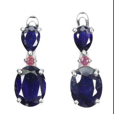 925 Sterling Silver Earrings Oval Blue Sapphire 9x7mm Ruby Gemstone Jewelry - Image 1 of 4