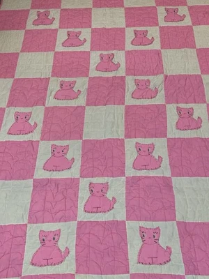 "Colcha vintage retro kitsch rosa y blanco gatito gato hecha a mano 54,5"" X 88,5""" Foto 1 de 4