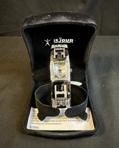 Le Jour Silver Tone Rhinestone Hinged Bracelet Quartz Watch New Old Stock - Picture 1 of 12