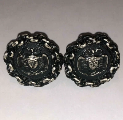 Gemelos vintage cara egipcia/escena gótica plata negro eslabón cadena borde Foto 1 de 4