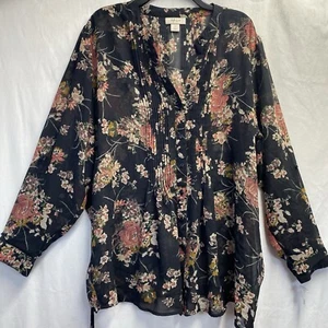 Style & Co Sheer Roll Tab Sleeve Button Up Blouse Women 2X BlackFloral Tie Waist - Picture 1 of 22