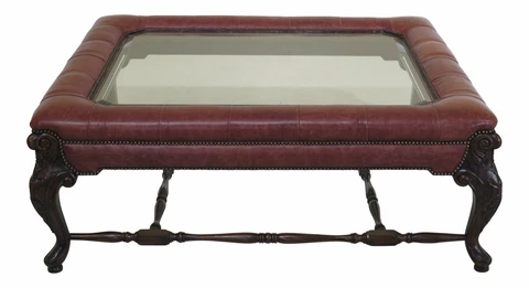 30649EC: Large Leather Wrapped Carved Mahogany Glass Top Coffee Table Cover