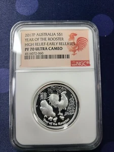 2017 Australia 1oz Silver Lunar Year of Rooster HighRelief NGC PF70UC ER Box&CoA - Picture 1 of 1