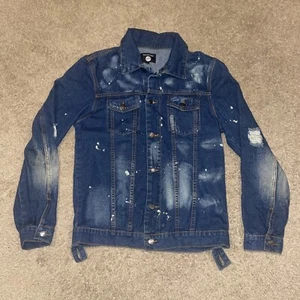 Boohoo Mens Blue Distressed Denim Jean Jacket Button Front Size Medium - Picture 1 of 5