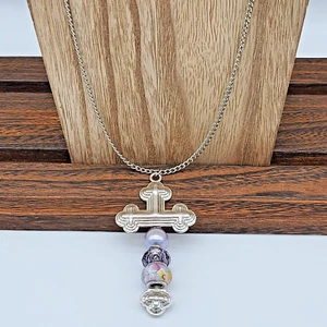 Silver Link Necklace w Charmed Cross Pendant Pink Pearl, Purple Crystal & Floral - Picture 1 of 12