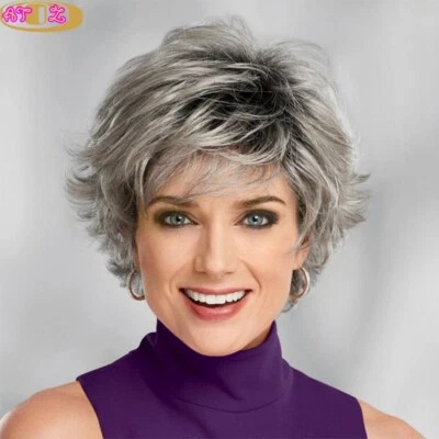 Mujeres Pelucas Cortas Gris Ombre Peluca Corte Pixie Corte de Pelo Onda Capas Cabello Raíces Oscuras Foto 1 de 4