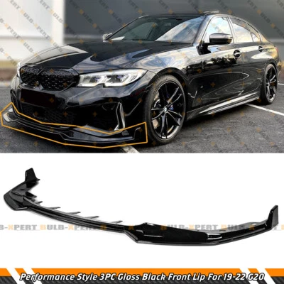 For 2019-2022 BMW G20 330i M340i Performance 3pc Glossy Black Front Bumper Lip - Image 1 of 4
