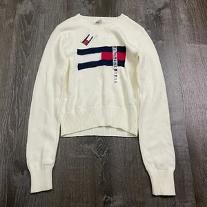 NWT Tommy Hilfiger Boys Sweater Pullover Crew Neck Knit Ivory Logo Size M - Picture 1 of 5