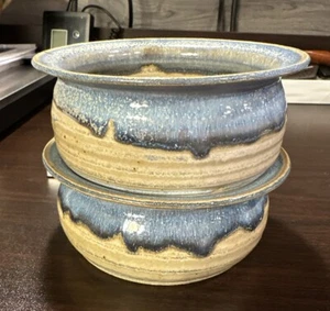 2Black Mountain Pottery Blue & Brown Drip Glazed Stoneware Apple Baker 5.5" Bowl - Picture 1 of 17