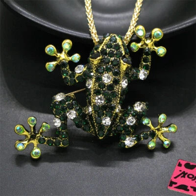 New Fashion Women AB Rhinestone Cute Green Frog Crystal Pendant Chain Necklace - Image 1 of 4