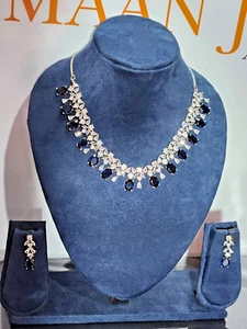 White gold finish pearcut blue sapphire and created diamond droplet necklace set - Picture 1 of 14