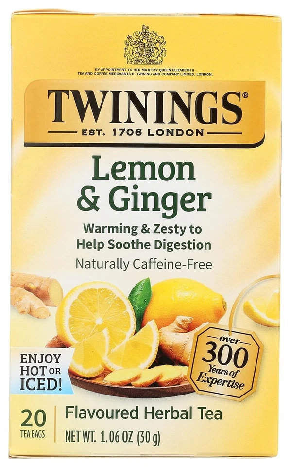 3 X Twinings Herbal Tea Lemon & Ginger Naturally Caffeine 20 Bags Ea. 6/23