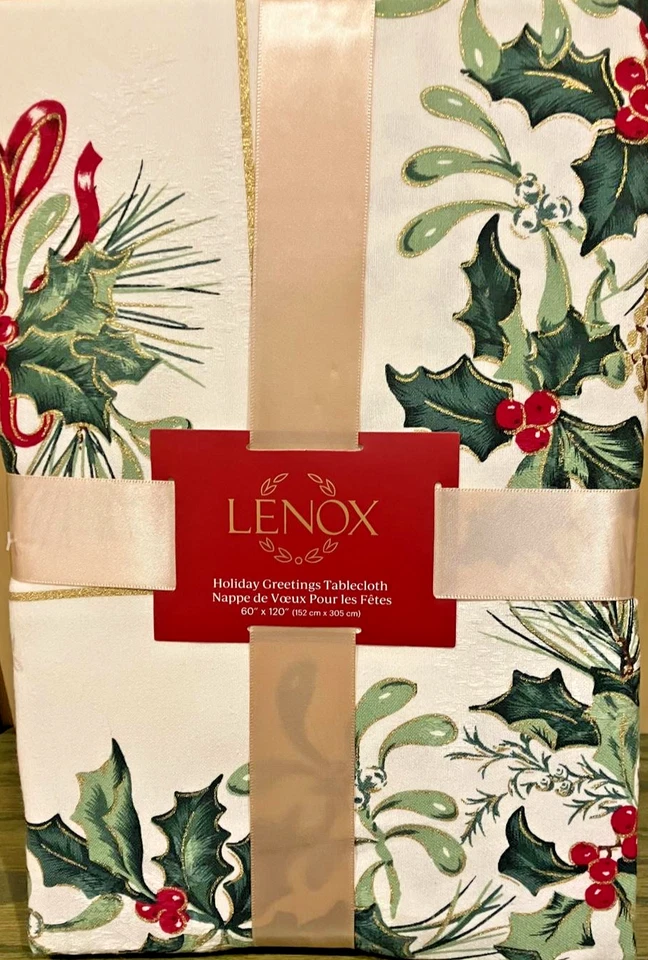 🎄Lenox HOLIDAY GREETINGS 60 x 120” Ivory Tablecloth Christmas Ribbon Holly Pine - Image 1 of 4