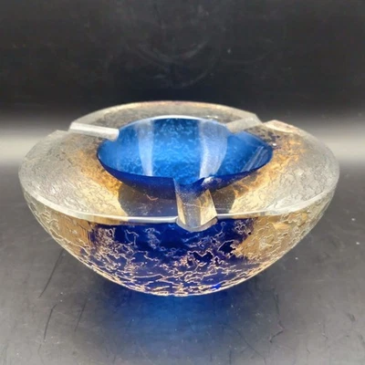 Murano Alfredo Barbini Blue Crackle Art Glass Ashtray Vintage 1970’s Has Damage - Image 1 of 4