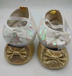 Build A Bear Workshop Girls Dress Shoes Gold Sparkle White Sequin Bow 2 Pairs - Picture 1 of 18