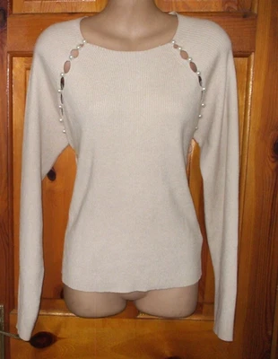 QUIZ' BNWT STONE KNIT LONG SLEEVE STRETCH JUMPER WITH PEARLS SIZE L RRP £26.99 - Image 1 of 3