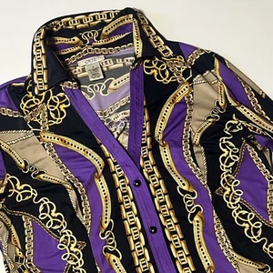 Cache Vtg 90s Y2k Blouse Size M Purple Gold Chain Snap Button Light Stretch Top - Picture 1 of 7
