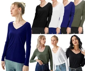 Women Ladies Plain Basic T-Shirt Top Vest Cotton Tshirts **LONG SLEEVE V NECK** - Picture 1 of 20