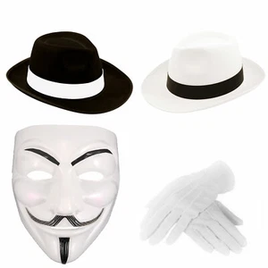ANONYMOUS HACKER VENDETTA FACE MASK BLACK HAT GLOVES HALLOWEEN FANCY DRESS LOT - Picture 1 of 8