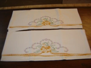 Antique Pair Cotton Pillow Cases Orange & White Crocheted Edging Pansy #1585 - Picture 1 of 5