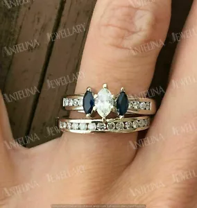 2.50 Ct Lab Created Marquise Sapphire Bridal Ring Set 925 Sterling Silver - Picture 1 of 11