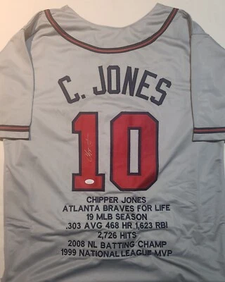Chipper Jones signed Custom Jersey auto certified size XL Inscription Stats - Image 1 of 2