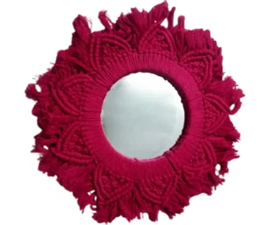 Handmade Macrame Round Mirror – Boho Wall Hanging, Fringe Decor (Red, Medium) - Picture 1 of 2