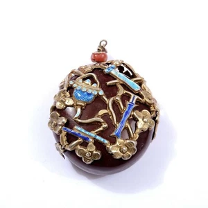 1930's Chinese Silver Enamel Coral Bead Sea Bean Necklace Pendant Marked Silver - Picture 1 of 8