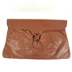 JORDAN MARSH Boho VTG 80s Large Leather Clutch Bag Camel Brown Made in Italy 13" - Picture 1 of 9