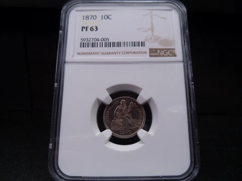 1870 PF63 (Proof) Seated Liberty Dime NGC Certified - White/Light Gold Tone/PQ Cover