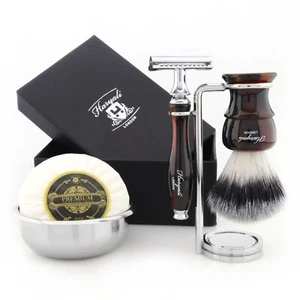 Kit de afeitado de seguridad DE 5 piezas para hombre afeitadora blanco tejón cepillo de cabello soporte, tazón y jabón - Imagen 1 de 7