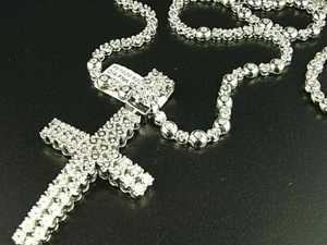 Men's Rosary Sterling Silver Chain with Cross in Natural Diamonds 3.50 carats - Picture 1 of 9