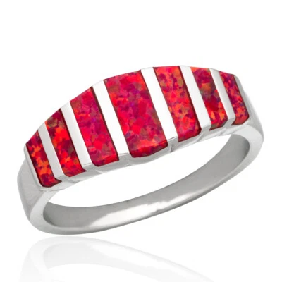 Birthstone Red Fire Opal Silver Jewelry Women Band Ring Size 7 8 9 10 - Image 1 of 4
