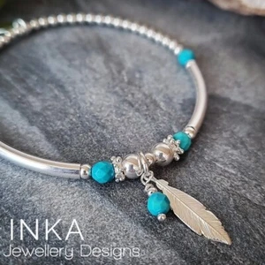 925 Sterling Silver bead Stacking Bracelet with Turquoise and Feather Charm INKA - Picture 1 of 9