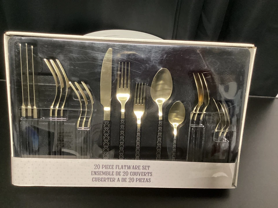 READ Disney Parks 18 piece Gold & Black Flatware Homestead Collection Silverware