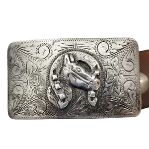 Vtg Sterling Silver Horse Head Shoe Belt Buckle Western Cowboy Rodeo Equestrian - Picture 1 of 6