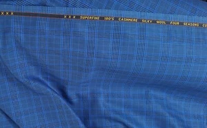 Blue Checked Plaid Suiting Fabric Super 180s Cashmere Wool Fabrics - Picture 1 of 1