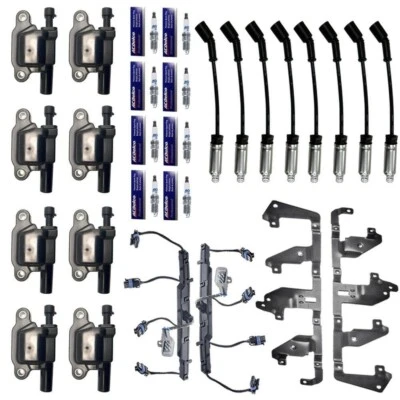 8 D513A Coils + 41-962 Plugs + OEM Wires w/Heat Shields + 2 Brackets & Harnesses - Imagem 1 de 4